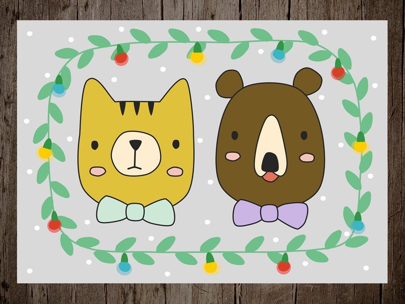 Christmas postcard, Holiday card, Cute cat and bear Set of 10 image 5