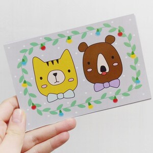 Christmas postcard, Holiday card, Cute cat and bear Set of 10 image 2