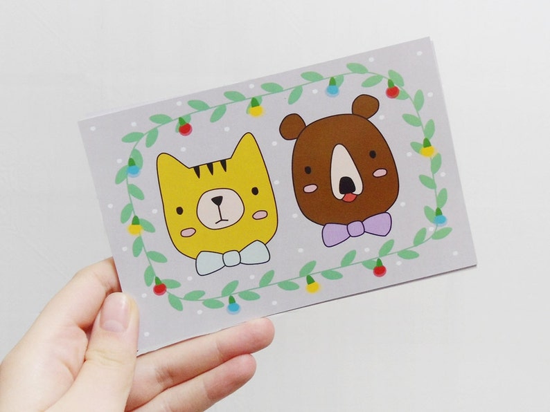 Christmas postcard, Holiday card, Cute cat and bear Set of 10 image 2