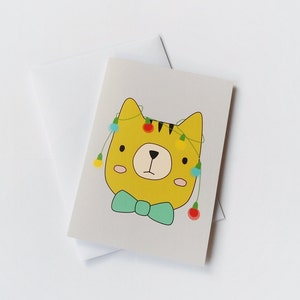 Cute Christmas card, Holiday greeting card, Cat with christmas lights