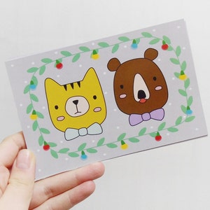 Christmas postcard, Holiday card, Cute cat and bear