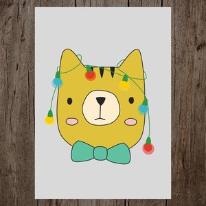 Cute Christmas card, Holiday greeting card, Cat with christmas lights 画像 5