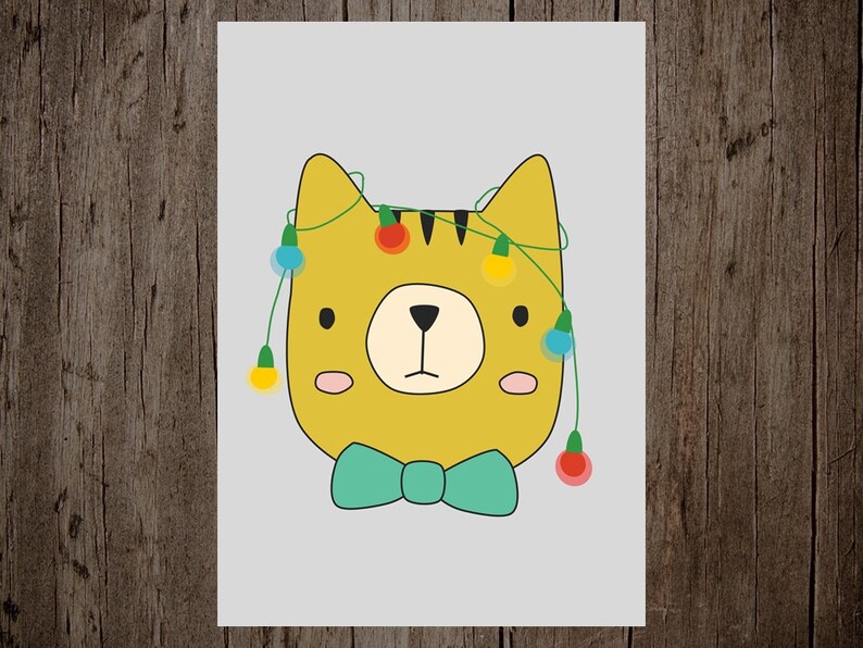 Cute Christmas card, Holiday greeting card, Cat with christmas lights 画像 5