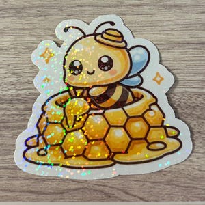 Bumble Bee Sticker - Honeycomb Sticker - Holographic Bee and Honeycomb Decal - Water Bottle Sticker - Laminated Sticker - Honey Lovers Gift