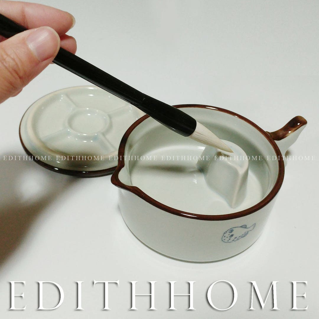 Rare Calligraphy Tools - Porcelain Ink Pot With Palette Cover & Brush ...