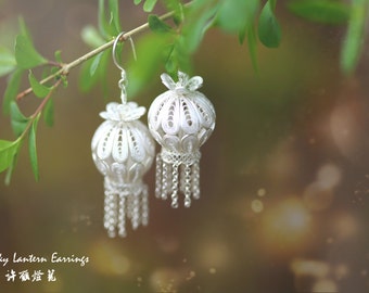 Chinese Lucky Lantern Earrings 999 Pure Silver Handmade