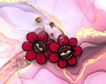 Eye See Groovy Flowers , Statement Hoops Earrings - Handmade