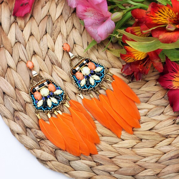 Beadwork earrings Autumn jewelry Orange feather earrings Bohemian earrings Beadwork boho earrings Colorful feather earrings