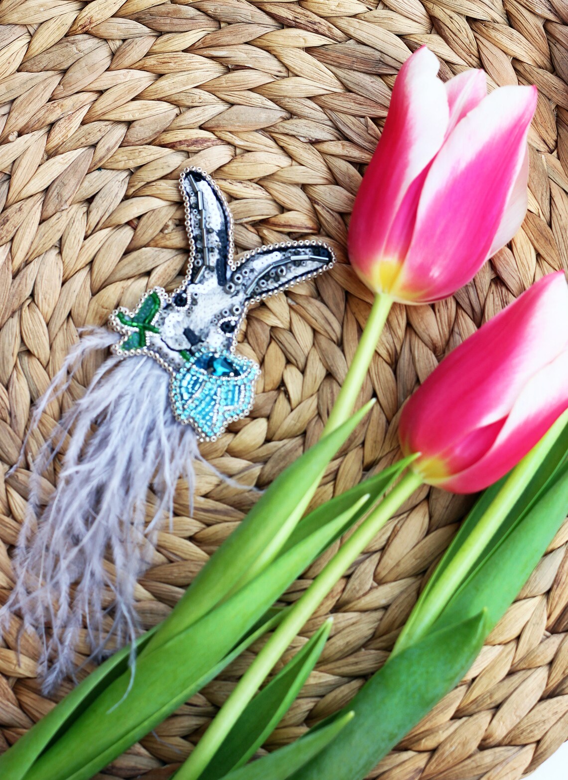 Easter bunny brooch Beadembroidery brooch Rabbit pin Feather Etsy