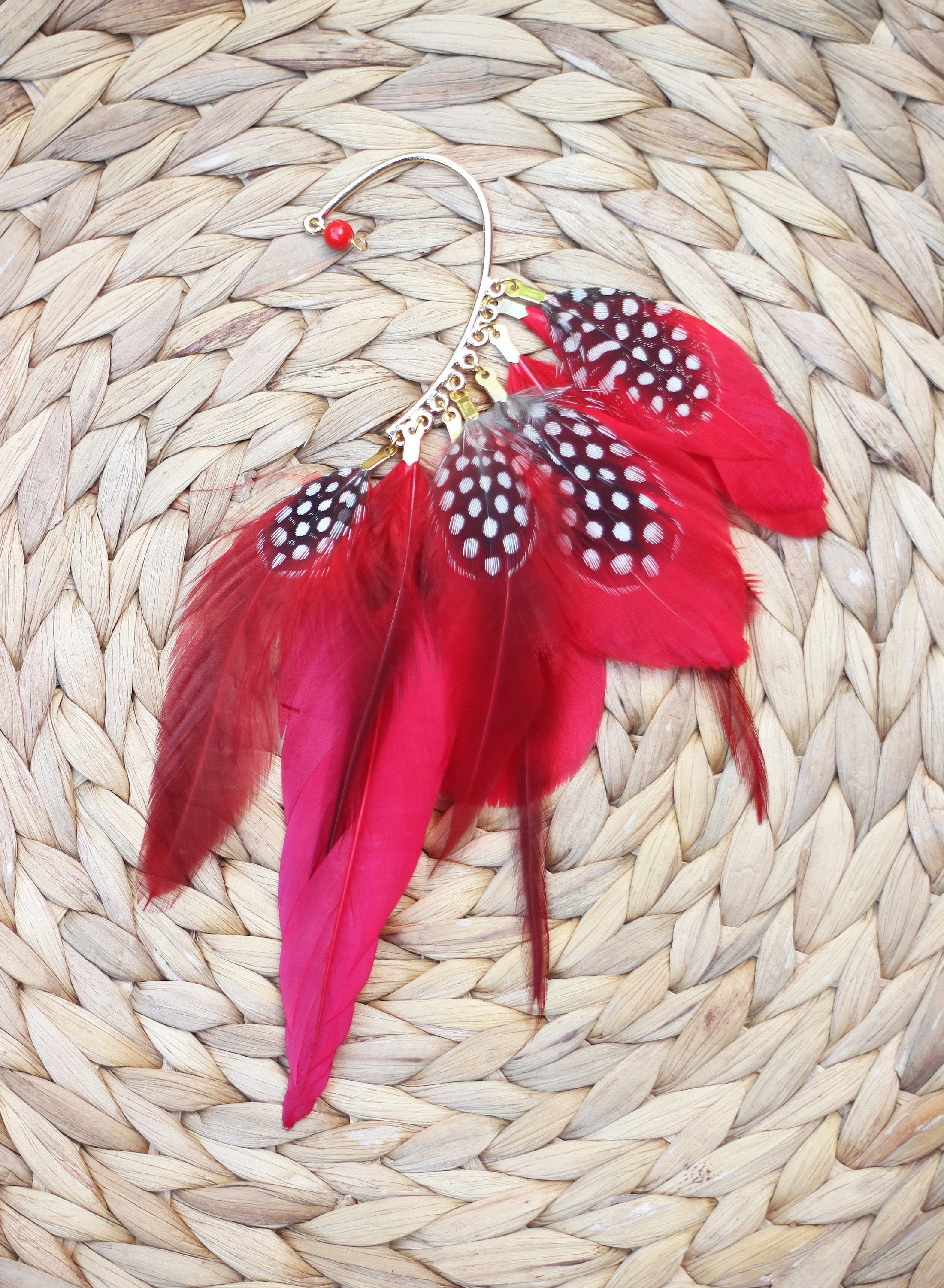 Red feather ear cuff Feather ear wrap No piercing ear cuff Etsy