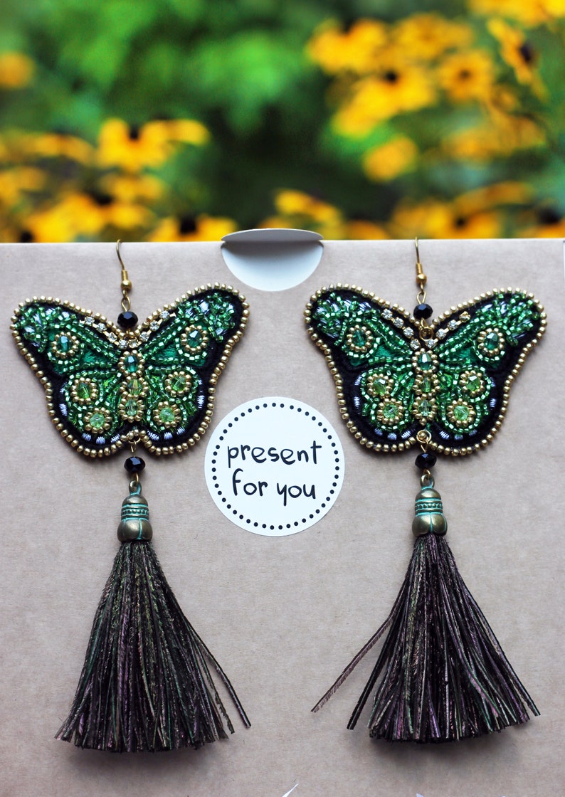 Tassel earrings Peacock feather earrings Bohemian jewelry Long feather earrings Beadwork emerald earrings Gift for her Christmas earrings