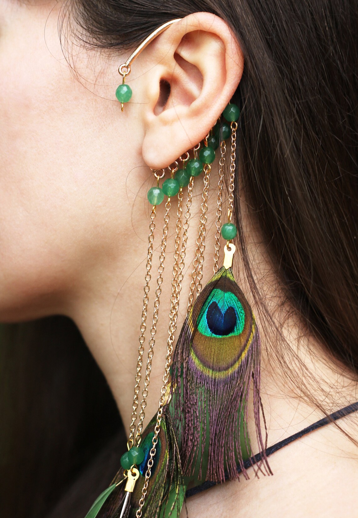 Peacock feather ear cuff Extra long feather earrings Real Etsy