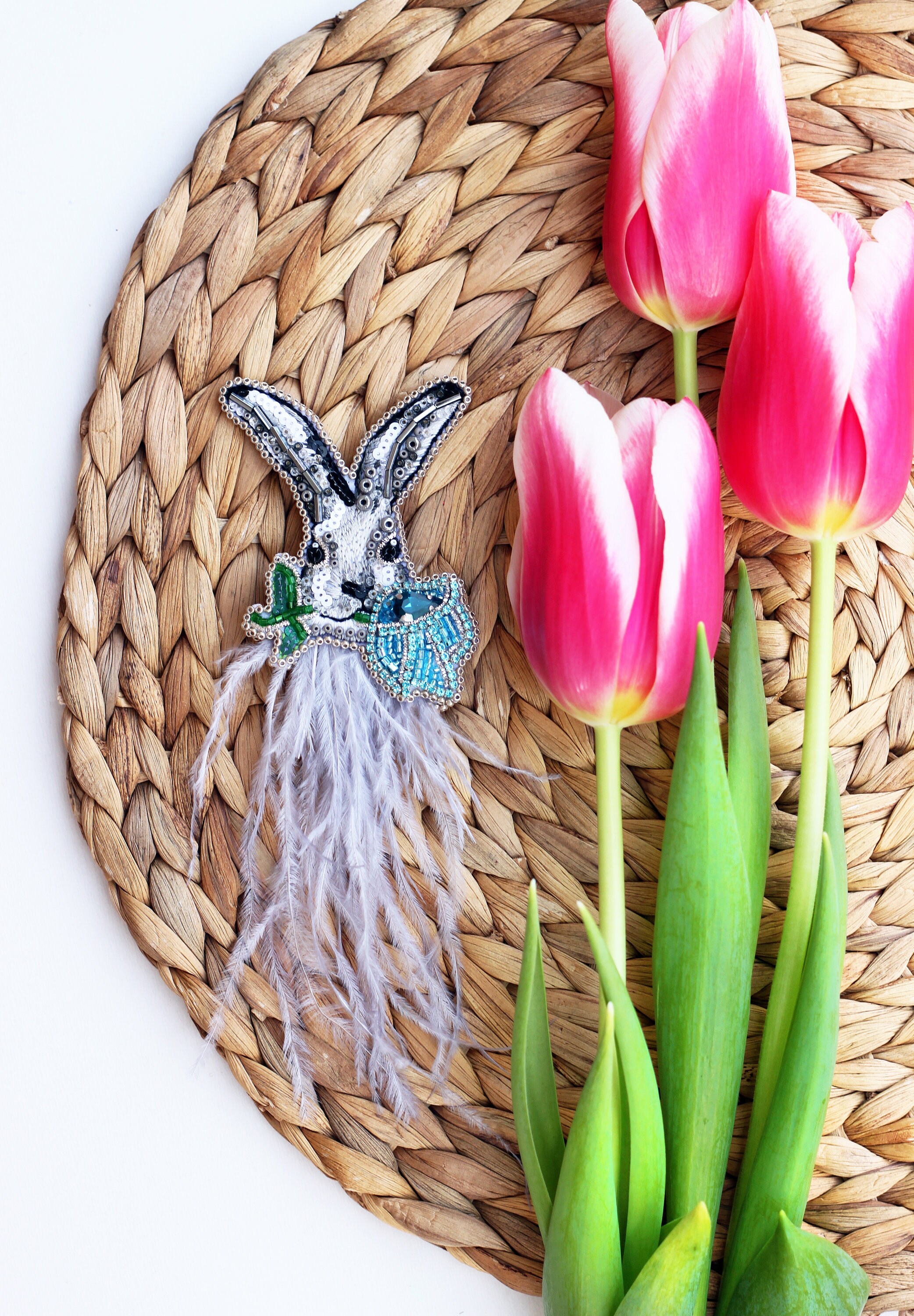Easter bunny brooch Beadembroidery brooch Rabbit pin Feather Etsy