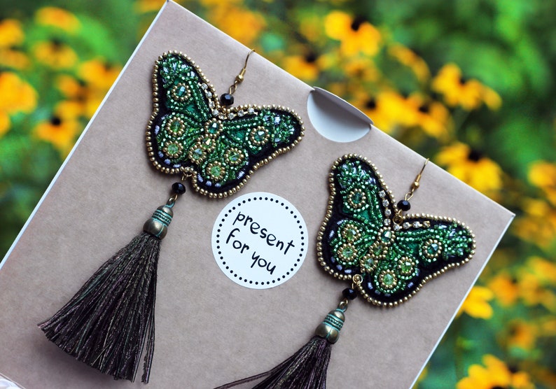 Tassel earrings Peacock feather earrings Bohemian jewelry Long feather earrings Beadwork emerald earrings Gift for her Christmas earrings