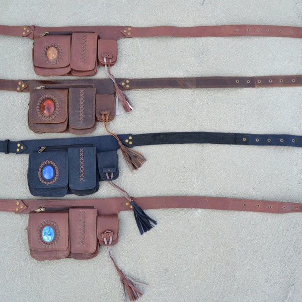 Leather Burning Man utility belt with inset jewel