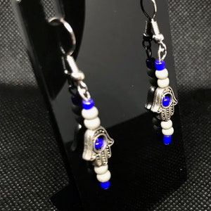 Blue and gray hamza hand earrings