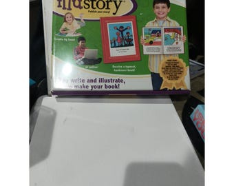 May include: A boxed "illustory" kit with the text "Publish your story!" and "Creations by You." The box features images of children creating and holding books. Text includes "Create by hand or online!" and "Receive a typeset, hardcover book!"