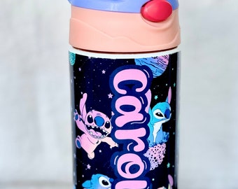 Stitch Inspired Outerspace 12 oz. Kids Sports Bottle, Water Tumbler, Personalized. Spill Proof Lid Water Bottle