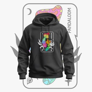 May include: Black hoodie with a rainbow mushroom graphic and the text "PANDALOOM" on the right sleeve.