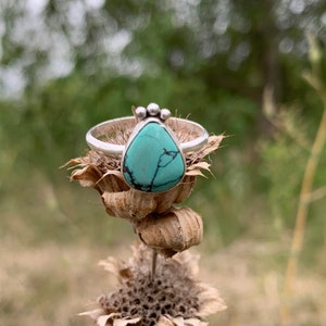 May include: A silver ring with a teardrop-shaped turquoise stone set in the center. The ring is on a dried flower stalk.
