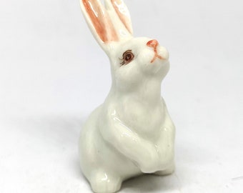 Porcelain Rabbit Bunny Figurine White Hand Painted Ceramic Miniature Collectible  - Country Farmhouse Kitchen Decor - Personalized Gift