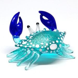 Glass Crab Figurine - Hand Blown Art Glass Blue - Miniature Coastal Decor Style Spirit Animals - Personalized Gift