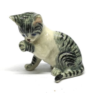 Hand Painted Porcelain Cat Figurine: Gray Tiger Collectible