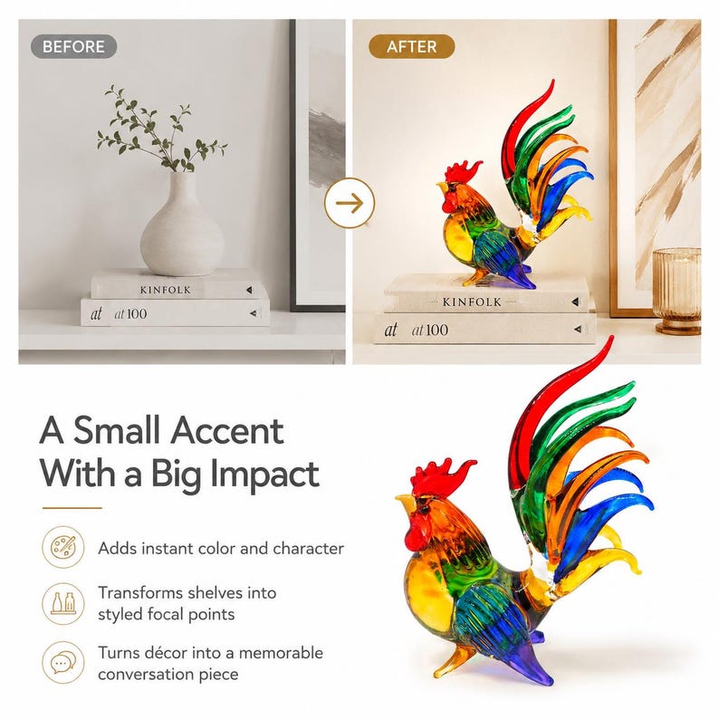 Puede incluir: Una figura de gallo de cristal multicolor con una paleta vibrante de rojo, naranja, amarillo, verde y azul. La escultura muestra una cresta detallada, una cola curva con plumas alargadas y un cuerpo redondeado sobre una superficie plana.