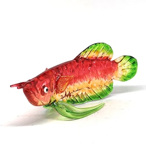 Hand Blown Glass Fish Figurine - Red Glass Arowana - Collectible Lampwork Glass Sculpture - Feng Shui Home Decoration - Personalized Gift