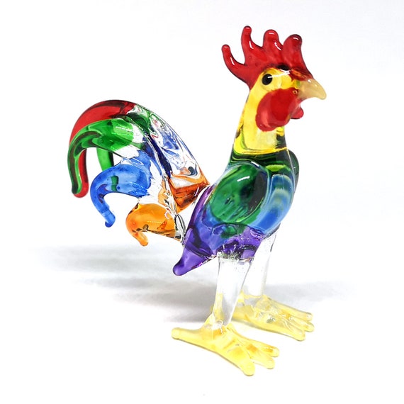 Hand Blown Glass Chicken Figurine: Colorful Rooster Decor