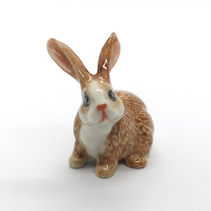 Porcelain Rabbit Bunny Figurine Brown Hand Painted Ceramic Miniature Collectible - Country Farmhouse Kitchen Decor - Personalized Gift