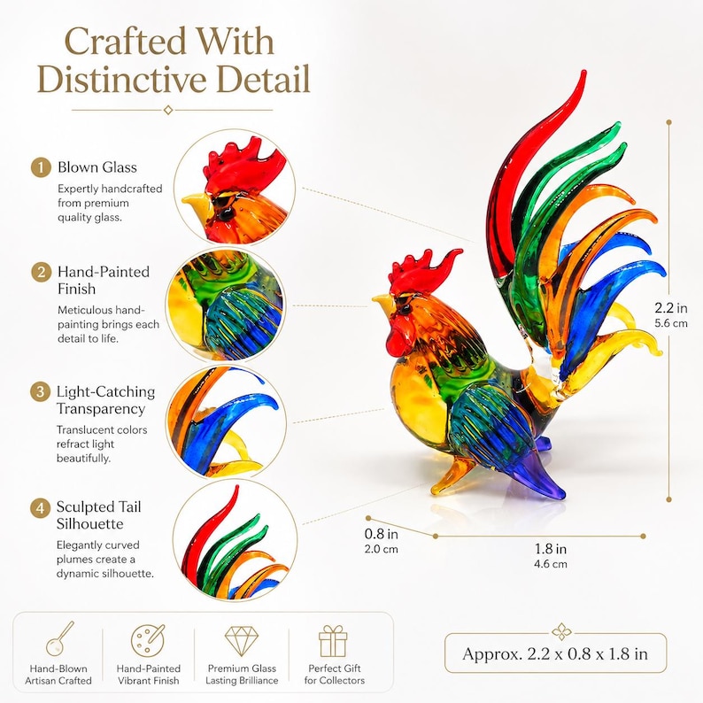 Puede incluir: Una figura de gallo de vidrio soplado multicolor con cresta roja, cuerpo amarillo y plumas de cola vibrantes en verde, naranja y azul. Las dimensiones indicadas son 5,6 cm de alto, 2,0 cm de ancho y 4,6 cm de largo.