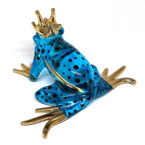 Hand Blown Glass Prince Frog Figurine: Blue Collectible Garden Decor