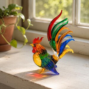 Puede incluir: Una figura de gallo de vidrio multicolor que presenta una paleta vibrante de rojo, naranja, verde, azul y amarillo. La escultura muestra una cresta detallada, una cola curva con plumas alargadas y un cuerpo redondeado de vidrio transl&uacute;cido.