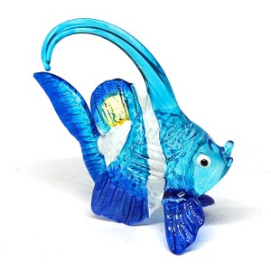 Hand Blown Glass Sea Fish Figurine - Blue Angel Fish - Coastal Style - Miniature Sculpture Aquarium Decoration - Personalized Gift