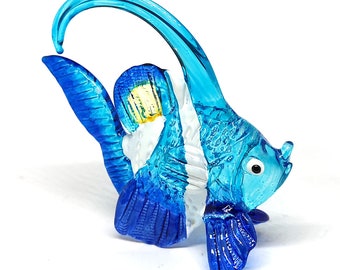 Hand Blown Glass Sea Fish Figurine - Blue Angel Fish - Coastal Style - Miniature Sculpture Aquarium Decoration - Personalized Gift