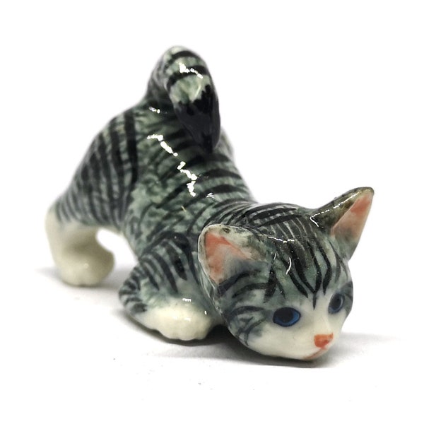 ZOOCRAFT Ceramic Fat Tabby Kitten Cat Figurine Gray Gifts for Cat Lovers Hand Painted Dollhouse Miniatures - Home Decor Gift
