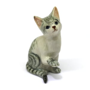 ZOOCRAFT Collectible Ceramic Tabby Cat Figurine Gray Collectible Dollhouse Miniatures Gift for Cat Lovers - Personalized Gift