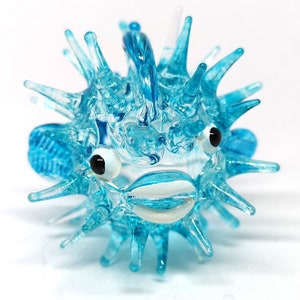 Tiny Glass Puffer Fish Figurine - Blue Miniature Animal - Hand Blown Sculpture Aquarium - Home Decor - Personalized Gift