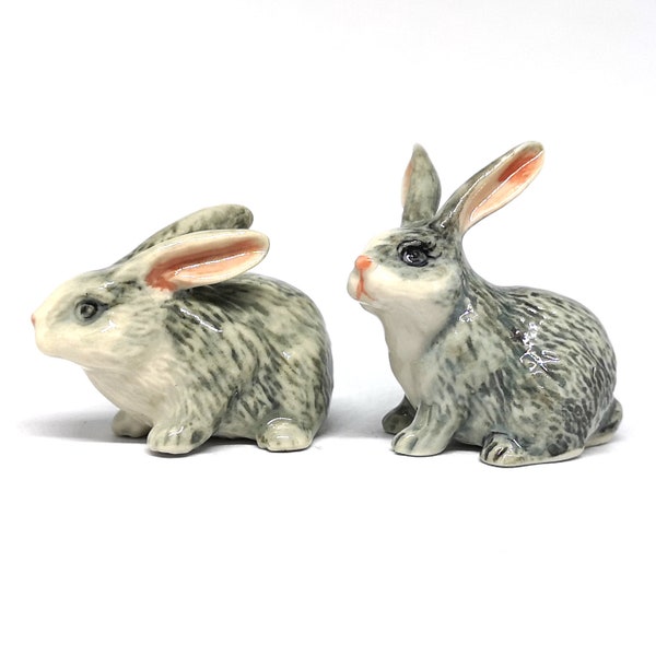 Gray Rabbits Ceramic Figurine Bunny Statue Hand Painted Porcelain Collectible Set of 2