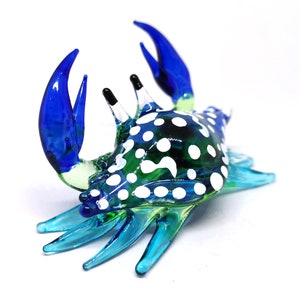 Glass Crab Figurine - Blue Hand Blown Art Glass - Miniature Coastal Decor Style Spirit Animals - Personalized Gift