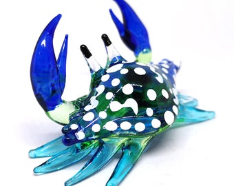 Glass Crab Figurine - Blue Hand Blown Art Glass - Miniature Coastal Decor Style Spirit Animals - Personalized Gift