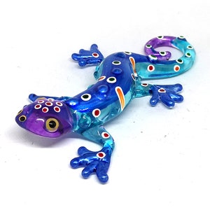 Hand Blown Glass Gecko Figurine - Miniature Lizard Animal Collectible - Murano Style Home Decor - Blue Gecko - Personalized Gift