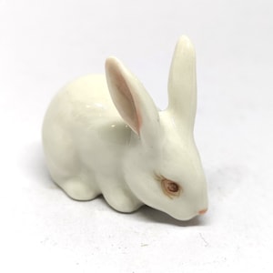 Porcelain Rabbit Bunny Figurine White Hand Painted Ceramic Miniature Collectible - Country Farmhouse Kitchen Decor - Personalized Gift