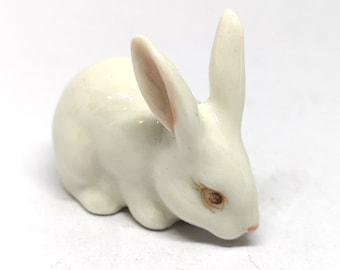 Porcelain Rabbit Bunny Figurine White Hand Painted Ceramic Miniature Collectible - Country Farmhouse Kitchen Decor - Personalized Gift