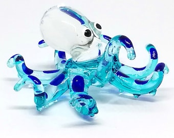 Figura de pulpo de cristal azul - Vidrio soplado a mano - Escultura decorativa en miniatura para acuario marino
