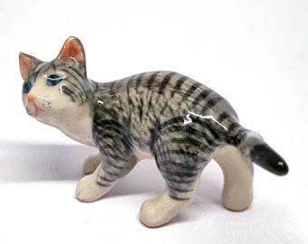 Handmade Ceramic Gray Tabby Cat Figurine: Dollhouse Miniature