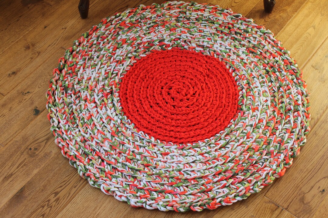 Rag Rug Red Green and White Rag Rug 29 Crocheted Etsy
