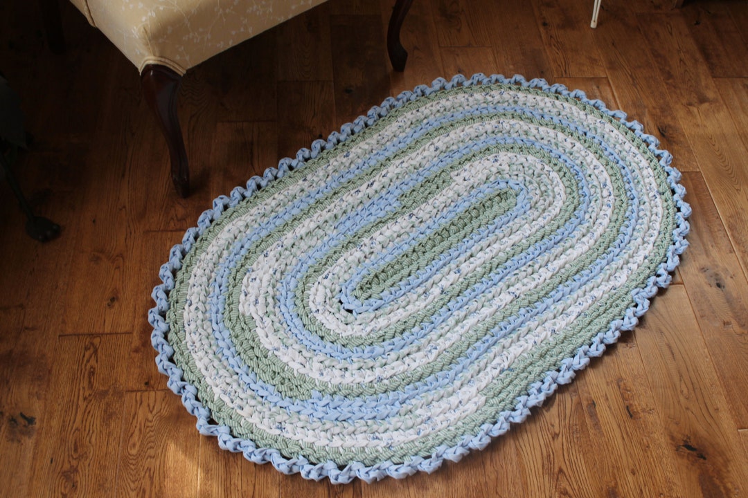 Rag Rug Blue Green and White 28 X 45 Crocheted Etsy