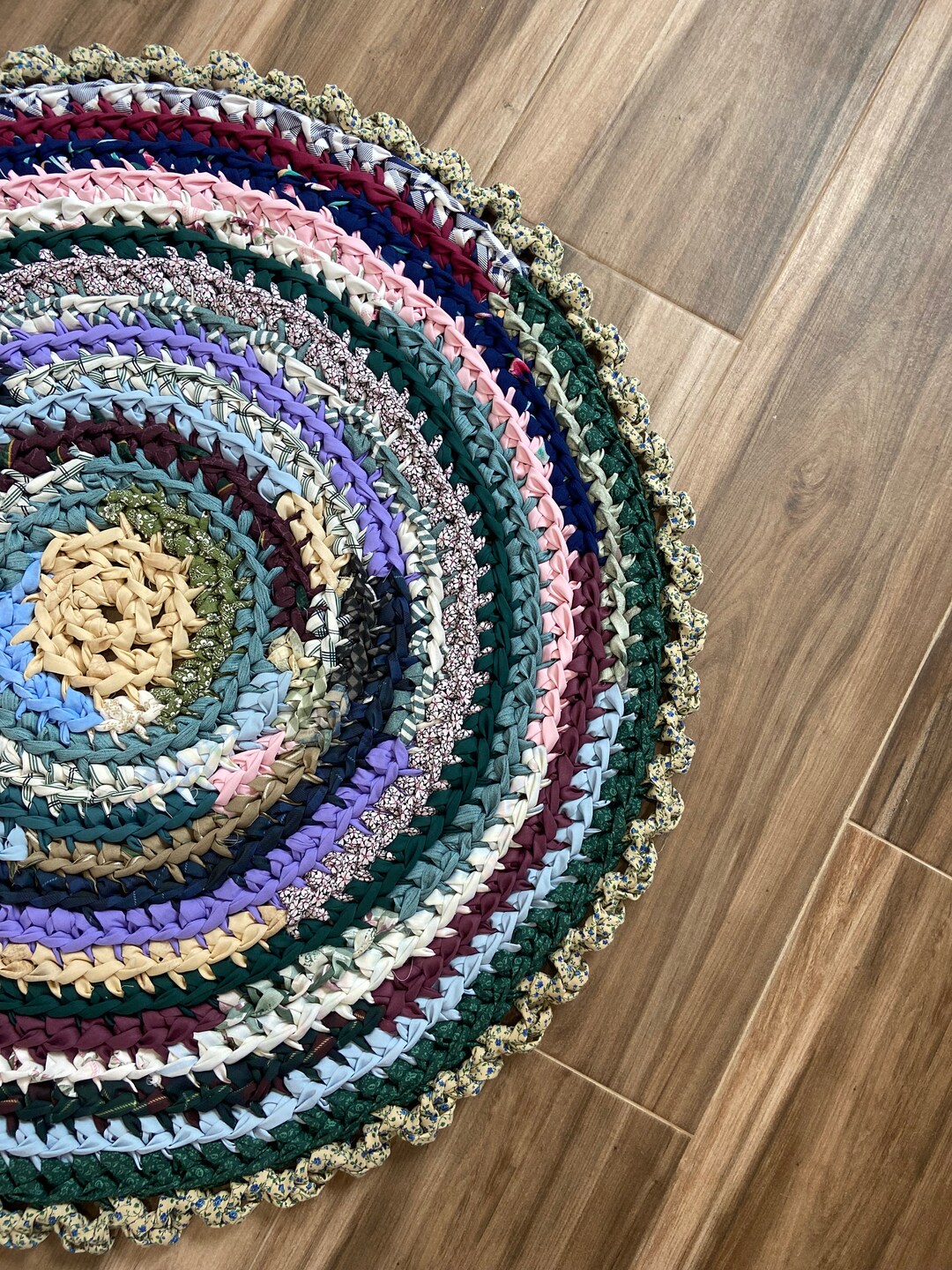 Rag Rug, Greens, Blue, and Burgundy 34 Crocheted Round Rag Rug, Nursery